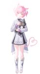 1girl absurdres aemeath_(wuthering_waves) aemeath_(young)_(wuthering_waves) animal_ears boots cat_ears cat_girl cat_tail closed_mouth commentary dress full_body hair_ornament highres holding holding_stuffed_toy kemonomimi_mode long_sleeves open-toe_boots orange_eyes pink_hair revision short_hair short_twintails simple_background solo standing star-shaped_pupils star_(symbol) stuffed_toy sunyang symbol-shaped_pupils tail twintails white_background white_boots white_dress wuthering_waves 