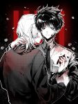  2boys akinashi_haru blood cardigan chinese_commentary collared_shirt commentary_request commission dress_shirt greyscale_with_colored_background hand_on_another's_nape hand_on_another's_wrist highres hug male_focus multiple_boys necktie off_shoulder red_background saihate_eki shirt short_hair smile spot_color tatsunami_shion yaoi ye_(xhs_629a5150000000001b0281de) 