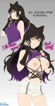  1girl absurdres bare_shoulders black_hair blake_belladonna breasts commentary english_commentary flashing hair_ribbon highres ibanews lifting_own_clothes long_hair looking_at_viewer meme navel nipples phone purple_shirt ribbon rwby shirt short_shorts shorts simple_background smile yellow_eyes your_bra_strap_is_showing_(meme) 
