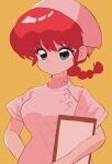  1girl blue_eyes blunt_bangs braid braided_ponytail breasts clipboard closed_mouth commentary dot_nose dress hat holding holding_clipboard looking_ahead medium_breasts nurse nurse_cap pink_dress pink_hat ranma_1/2 red_hair sanamaru_(sana79261827) saotome_ranma saotome_ranma_(female) short_hair simple_background solo tank_top upper_body v-shaped_eyebrows yellow_background 