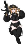  +_+ 1girl absurdres ammunition_pouch belt black_bra black_panties black_shrug black_thighhighs blonde_hair blue_eyes bra braid breasts bulletproof_vest combat_helmet commentary foot_out_of_frame gloves gun handgun headset helmet highres holding holding_weapon holster k0ng large_breasts looking_at_viewer original panties pouch pp-19-01_vityaz shrug_(clothing) simple_background solo standing standing_on_one_leg straight-on submachine_gun tac-girl_(k0ng) tactical_gloves thigh_holster thighhighs tongue tongue_out twin_braids underwear weapon white_background 