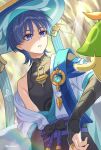  1boy anemo_symbol_(genshin_impact) aranara_(genshin_impact) armor armpit_crease belt black_belt black_bodysuit black_bow black_bridal_gauntlets black_hair black_shorts blue_cape blue_gem blue_hair blue_hat blue_jingasa blue_sleeves blunt_ends blurry blurry_background bodysuit bow bridal_gauntlets cape choppy_bangs commentary_request covered_collarbone dappled_sunlight eyeliner feathers forest furisode gem genshin_impact glint gold gold_ring hat highres japanese_armor japanese_clothes jingasa kimono kote kurokote layered_sleeves looking_at_creature makeup male_focus mandarin_collar middle_ring multicolored_hair nature oq_you outdoors parted_lips pom_pom_(clothes) purple_eyes purple_pupils purple_rope purple_sash red_eyeliner rope sash scaramouche_(genshin_impact) short_sleeves shorts side_cape single_bare_shoulder single_off_shoulder solo streaked_hair sunlight tree tsurime twitter_username upper_body vision_(genshin_impact) wanderer_(genshin_impact) white_mouth white_sleeves white_trim yellow_feathers 