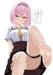 1girl :d barefoot black_hairband blunt_bangs blunt_ends blush bob_cut breasts brown_skirt collared_shirt commentary_request feet foot_out_of_frame frilled_skirt frills green_eyes hairband heart high-waist_skirt highres invisible_chair large_breasts leg_up legs looking_at_viewer medium_hair mizuka_academy_school_uniform necktie open_mouth panties pink_hair pleated_skirt presenting_own_foot school_uniform shirt short_necktie short_sleeves simple_background sitting skindentation skirt smile soles solo speech_bubble straight_hair suspender_skirt suspenders tanikaze_amane tenshi_souzou_re-boot! tft_(tft7822) thigh_strap thighs toes translation_request tsurime underwear upskirt white_background white_shirt yellow_necktie yellow_panties 