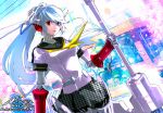  absurdres android aqua_hair axe battle_axe commentary_request double-sided_axe floating_hair hair_between_eyes headgear high_ponytail highres holding holding_axe joints labrys_(persona) lipstick long_bangs long_hair looking_at_viewer makeup mechanical_arms mechanical_legs neckerchief persona persona_4 persona_4:_the_ultimate_in_mayonaka_arena pink_lips pleated_skirt ponytail rae_ariadne red_eyes robot robot_joints school_uniform skirt summer_uniform swept_bangs weapon yellow_neckerchief 
