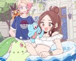  1boy 1girl :d bare_shoulders bikini blonde_hair blue_eyes blue_shirt bow bow_bikini brown_eyes brown_hair chikorita commentary_request door frilled_bikini frills gradient_hair harmony_(pokemon) heart heart-shaped_eyewear highres kino_haruc light_blush medium_hair mega_ring midriff multicolored_hair navel pink_hair poke_ball_print pokemon pokemon_(creature) pokemon_legends:_z-a red_eyes shirt smile swimsuit tepig totodile tree urbain_(pokemon) wading_pool water wet white_bikini 