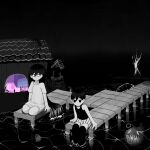  1boy 1girl absurdres arms_at_sides black_eyes black_tank_top brother_and_sister closed_mouth commentary dock elecmaw english_commentary highres long_hair mari_(omori) mari_(spirit)_(omori) omori omori_(omori) on_ground pier seiza shirt short_hair short_sleeves shorts siblings sitting soaking_feet spot_color striped_clothes striped_shorts tank_top vertical-striped_clothes vertical-striped_shorts very_long_hair water white_shirt 