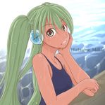  bonoramo character_name chin_rest green_eyes green_hair hatsune_miku headphones long_hair looking_at_viewer one-piece_swimsuit solo swimsuit twintails vocaloid wet 
