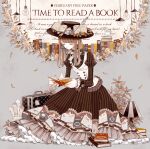  1girl autumn_leaves black_hat boater_hat book book_hat_ornament book_print book_stack bookmark bow bowtie brown_dress brown_hair buttoned_cuffs buttons center_frills closed_eyes closed_mouth commentary cup cursive desk_lamp double-breasted dress english_text falling_leaves flower frilled_dress frilled_sleeves frills full_body grey_background grey_bow hair_bow hamondo hanging_light hat hat_ornament highres holding holding_book inkwell jar juliet_sleeves lamp leaf leaf_hat_ornament light_bulb long_hair long_sleeves open_book orange_flower original pinstripe_dress pinstripe_pattern plant print_dress puffy_sleeves quill reading rolled-up_paper saucer sitting sleeve_cuffs solo straight_hair suitcase teacup vest white_bow white_bowtie white_flower white_vest 