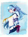 1girl android aqua_hair black_sailor_collar bow clothed_robot commentary_request floating_hair headgear high_ponytail joints labrys_(persona) lipstick long_hair looking_at_viewer makeup mechanical_arms persona persona_4 persona_4:_the_ultimate_in_mayonaka_arena pink_lips pleated_skirt ponytail rae_ariadne red_eyes robot robot_girl robot_joints sailor_collar school_uniform short_sleeves simple_background skirt solo summer_uniform yasogami_school_uniform yellow_bow 