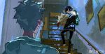  2boys anyiyang570161 bag black_hair cheng_xiaoshi chinese_commentary commentary_request hood hoodie indoors jacket looking_at_another lu_guang male_focus multiple_boys pants paper_bag ponytail shiguang_dailiren shirt stairs watermark weibo_username weibo_watermark white_hair white_shirt 