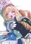  >_< 1girl absurdres bangboo_(zenless_zone_zero) blonde_hair blue_jacket blush closed_eyes commentary_request eous_(zenless_zone_zero) gloves grey_hat hat highres holding jacket kurumi_tsuchi long_hair norma_hollowell open_mouth shako_cap simple_background thighhighs white_background white_gloves white_thighhighs zenless_zone_zero 