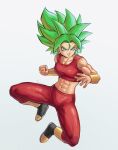  1girl abs artist_name bare_shoulders blue_eyes breasts cleavage commentary crop_top dragon_ball dragon_ball_super earrings full_body green_hair grin highres jewelry kefla_(dragon_ball) medium_breasts muscular muscular_female navel pants potara_earrings red_pants red_shirt shirt smile solo spiked_hair super_saiyan sydoria 