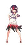  1girl absurdres black_hair bow bowtie breasts chinese_commentary commentary_request cone_horns devilkillerx dress finger_to_mouth full_body grey_horns hand_on_own_hip highres horns kijin_seija looking_at_viewer medium_hair multicolored_hair puffy_short_sleeves puffy_sleeves purple_bow purple_bowtie red_eyes red_streaks sandals short_sleeves shushing simple_background small_breasts small_horns smile solo streaked_hair toes touhou white_background white_dress white_streaks 
