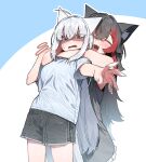  absurdres alternate_costume animal_ear_fluff animal_ears black_dress black_hair black_shorts blue_eyes blush breasts closed_eyes commentary cowboy_shot denim denim_shorts dress fox_ears fox_girl fox_tail highres hololive long_hair mean_0603 medium_breasts ookami_mio open_mouth rear_naked_choke red_hair shirakami_fubuki shorts tail untranslatable_commentary virtual_youtuber white_hair wolf_ears wolf_girl wolf_tail 