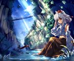  absurdres animal_ears baisi_shaonian bare_shoulders barefoot bridge cliff detached_sleeves hanging_bridge hat highres inubashiri_momiji leaf light_rays midriff nature navel red_eyes river scenery short_hair silver_hair sitting soaking_feet solo sunbeam sunlight tokin_hat touhou tree water waterfall wolf_ears 