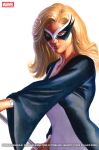  1girl absurdres alex_ross artist_name avengers_(series) black_shirt blonde_hair blue_eyes bracelet comic_cover commentary copyright_logo copyright_name cover cover_page english_commentary english_text eye_mask highres holding holding_staff holding_weapon jewelry logo long_hair looking_at_viewer marvel mask mockingbird_(marvel) official_art parted_hair realistic shirt solo staff superhero_costume upper_body weapon western_comics_(style) white_background wide_sleeves 