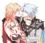  2boys antenna_hair anuyami armlet armor belt black_belt black_choker black_gloves black_shirt blonde_hair blue_cape blue_eyes blue_gem blue_hair body_markings braid cape chest_belt choker coat collared_shirt commentary crossed_bangs facial_mark fingerless_gloves food food_in_mouth from_side gem gloves gold_armlet gradient_hair hair_between_eyes hair_ornament hair_tubes hand_up high_collar highres honkai:_star_rail honkai_(series) jewelry long_sleeves looking_at_another male_focus medium_hair multicolored_hair multiple_boys muscular muscular_male mydei_(honkai:_star_rail) neck_tattoo orange_eyes orange_hair phainon_(honkai:_star_rail) pocky pocky_day pocky_in_mouth pocky_kiss red_cape shirt short_hair shoulder_armor side_braid simple_background single_bare_shoulder single_braid single_hair_tube smile sun_symbol sun_tattoo sweatdrop tattoo teeth trembling two-tone_hair upper_body white_background white_coat yaoi 