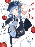  1girl :d ;d apple asymmetrical_legwear bird bird_hat_ornament black_bow black_bowtie black_capelet black_hat black_pantyhose black_shoes blue_hair blue_necktie blue_skirt bow bowtie braid braided_hair_rings capelet collared_shirt commentary_request cup deerstalker food footwear_bow frilled_skirt frilled_socks frills fruit grey_vest hair_bow hair_rings hat hat_bow highres holding holding_cup layered_skirt long_sleeves looking_at_viewer mahou_shoujo_no_majo_saiban mumesan2 necktie one_eye_closed open_mouth pantyhose plaid_clothes plaid_skirt shirt shoes short_hair simple_background single_leg_pantyhose skirt smile socks solo tachibana_sherry vest white_background white_bow white_shirt white_socks yellow_eyes 