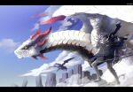  1boy boots cloud commentary_request dated day desert dragon dust gauntlets gin_(oyoyo) letterboxed male_focus original scarf sky solo sword weapon western_dragon 