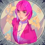  1girl alternate_costume artist_name bob_cut collared_shirt commentary delicourse english_commentary flower formal_clothes freckles highres hot_pants_(sbr) jacket jojo_no_kimyou_na_bouken lips looking_at_viewer pink_eyes pink_hair pink_jacket pink_suit shirt short_hair solo steel_ball_run striped_background suit upper_body white_shirt yellow_flower 