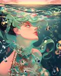  1girl air_bubble alternate_costume animal_print aqua_eyes aqua_hair black_hair braid braided_base braided_bun breasts bubble bun_with_braided_base butterfly_print commentary delicourse double_bun english_commentary hair_bun halterneck highres jojo_no_kimyou_na_bouken kujo_jolyne makeup multicolored_hair partially_submerged partially_underwater_shot profile recolored red_lips solo spider_web_print stone_ocean submerged sunset two-tone_hair underwater water 