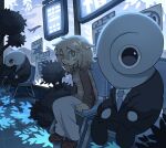  1girl 2others :o absurdres aircraft airplane artist_name blonde_hair brown_shoes brown_sweater chair grey_eyes grey_sweater_vest grey_vest hair_between_eyes hair_flaps highres in-universe_location long_skirt looking_at_viewer medium_hair multiple_others on_chair outdoors parted_lips plaid_clothes plaid_sweater_vest plaid_vest sandals shoes sidelocks sitting skirt surprised sweater sweater_vest urotsuki veryfunctional vest white_skirt yume_2kki 