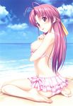  :p antenna_hair aoi_matsuri bare_legs barefoot beach bikini bikini_pull bikini_skirt blue_sky blush breasts cloud day feet highres koutaro large_breasts long_hair nipples outdoors pink_bikini pink_hair purple_eyes scan sitting sky solo swimsuit tongue tongue_out tropical_kiss wariza water 