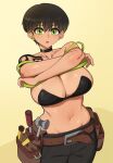  1girl belt black_bra black_choker black_hair black_pants bra breasts brown_belt choker commentary earrings english_commentary green_eyes highres hyyun_ho jewelry jisoo_(hyyun_ho) large_breasts lifting_own_clothes looking_at_viewer navel original pants parted_lips pixie_cut short_hair shoulder_tattoo solo strapless strapless_bra tattoo tool_belt underwear undressing yellow_background 