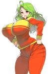  1girl absurdres ahoge breasts commentary_request commission green_hair hands_on_own_hips highres huge_breasts jacket jikkyou_powerful_pro_yakyuu jikkyou_powerful_soccer koinuma_kyouka kouno_(masao) long_hair multicolored_jacket pants pink_eyes pixiv_commission red_jacket red_pants solo track_jacket track_pants white_background yellow_jacket 