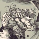  2boys bandaged_hand bandages bare_shoulders beer_mug belt belt_buckle blurry blurry_background buckle clenched_hands clenched_teeth commentary_request cowboy_shot cup duel earclip facial_hair gloves hair_ornament hair_tie highres holding holding_cup indoors jun_(navigavi) long_hair looking_at_another male_focus monochrome motion_blur mug multiple_boys muscular muscular_male mustache nose old old_man original outstretched_arm pants parted_lips plate ponytail punching shirt short_hair tank_top tavern teeth 