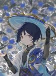  1boy anemo_symbol_(genshin_impact) armor belt black_belt black_bodysuit black_bow black_bridal_gauntlets black_hair black_shorts blue_cape blue_flower blue_gem blue_hat blue_jingasa blue_kimono blue_petals blue_sleeves blunt_ends bodysuit bow bridal_gauntlets cape closed_mouth commentary expressionless eyelashes eyeliner falling_petals feathers fingernails flower furisode gem genshin_impact gold gold_ring hands_up hat highres japanese_armor japanese_clothes jingasa juban kimono kosokawa kote kurokote layered_sleeves looking_to_the_side makeup male_focus mandala mandarin_collar middle_ring open_clothes open_kimono outdoors petals pom_pom_(clothes) portrait purple_eyes purple_rope purple_sash red_eyeliner rope sash scaramouche_(genshin_impact) short_sleeves shorts shoulder_peek side_cape sketch solo tassel untranslatable_commentary vision_(genshin_impact) wanderer_(genshin_impact) white_kimono white_sleeves white_trim wispy_bangs yellow_feathers 