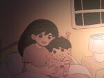  1boy 1girl antenna_hair aubergieine bed bedtime_story black_hair book commentary english_commentary highres humphrey_(omori) lamp mari_(faraway)_(omori) mari_(omori) omori pacifier reading sunny_(omori) 