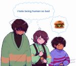  3others ^_^ ahoge bandaid bandaid_on_face black_shirt blush blush_stickers brown_hair brown_overalls burger cardigan chara_(undertale) child closed_eyes closed_mouth commentary dark_skin deltarune empty_eyes english_commentary english_text fingernails floral_print food freckles frisk_(undertale) green_cardigan green_sweater hair_between_eyes hair_over_one_eye half-closed_eyes hands_up height_difference highres im_vess jewelry kris_(deltarune) long_sleeves looking_to_the_side multiple_others necklace other_focus overalls pocket puffy_long_sleeves puffy_sleeves purple_sweater red_eyes shirt short_hair simple_background single_stripe speech_bubble spoken_food striped_cardigan striped_clothes striped_sweater sweater thought_bubble turtleneck turtleneck_shirt turtleneck_sweater undertale upper_body utdr_(toby_fox) white_background 
