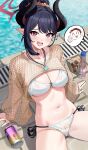  1girl absurdres bikini black_hair black_horns blue_archive blush breasts brown_shrug camera can chiaki_(blue_archive) chiaki_(swimsuit)_(blue_archive) commentary curved_horns demon_girl demon_horns doodle_sensei_(blue_archive) drink_can fishnet_shrug haerge hair_bun halo highres horns long_hair looking_at_viewer medium_breasts multicolored_horns navel o-ring o-ring_bikini official_alternate_costume official_alternate_hairstyle open_mouth poolside ramune red_eyes red_halo see-through_clothes see-through_shrug sensei_(blue_archive) shrug_(clothing) side-tie_bikini_bottom sitting smile solo stomach swimsuit two-tone_horns underboob white_bikini 