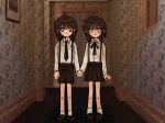  aged_down black_shorts black_skirt brother_and_sister child collared_shirt commentary_request dress_shirt expressionless highres holding_hands indoors miniskirt neck_ribbon necktie nnn1735663 photo_background pleated_skirt ribbed_socks ribbon saihate_eki scene_reference shirt shorts siblings skirt smile socks suspender_shorts suspender_skirt suspenders tatsunami_shion tenjiku_aoi the_shining twins white_shirt white_socks 