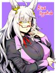 1girl absurdres adjusting_eyewear ahoge animal_ears biwa_hayahide_(pf._winning_equation...)_(umamusume) biwa_hayahide_(umamusume) blush border breasts character_name commentary_request ear_ornament ear_through_crown glasses grey_hair hair_ornament hand_on_eyewear highres horse_ears horse_girl juliet_sleeves long_hair long_sleeves looking_at_viewer medium_breasts minew neck_ribbon parted_lips puffy_long_sleeves puffy_sleeves purple_background red-framed_eyewear red_ribbon ribbon simple_background solo spade_hair_ornament umamusume upper_body white_border yellow_eyes 