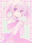  1girl aqua_background dot_nose dress frilled_shirt frills kuru_akari light_blush long_hair long_sleeves looking_to_the_side multicolored_eyes neck_ribbon oekaki off-shoulder_dress off_shoulder original outline parted_lips pink_dress pink_eyes pink_hair pink_ribbon purple_eyes ribbon shirt sleeves_past_wrists solo tegaki twintails two-tone_eyes white_outline white_shirt 