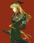  1girl absurdres animal_ears arknights armband black_gloves blonde_hair breasts chinese_commentary closed_mouth commentary_request cowboy_shot degenbrecher_(arknights) gloves goat_ears goat_girl goat_horns green_jacket green_pants green_suit grey_armband hair_between_eyes highres holding holding_sword holding_weapon horns jacket kjerag_logo long_hair long_sleeves looking_to_the_side necktie nimen_de_xin_shijie orange_shirt pants print_armband profile red_background shirt simple_background smile solo standing suit sword very_long_hair weapon yellow_eyes 