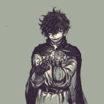  1boy belt blurry blurry_edges cape cloak commentary_request grey_background hair_between_eyes half-closed_eyes hands_up highres jun_(navigavi) looking_at_viewer male_focus monochrome nose open_hand original parted_lips short_hair simple_background smile solo tunic upper_body very_short_hair 