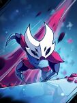  1boy arthropod_boy black_eyes colored_skin commentary crust_king_khann_(hollow_knight) extra_eyes highres hollow_eyes hollow_knight hollow_knight:_silksong horned_mask horns male_focus mask pinrhyme red_skin reflective_floor rock scar scar_across_eye scar_on_face white_mask 