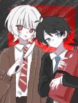  2boys akinashi_haru artist_request black_hair blue_eyes blue_necktie brown_cardigan cardigan collared_shirt dress_shirt happy highres holding holding_fire_extinguisher holding_knife knife lapels looking_at_viewer male_focus multiple_boys necktie red_eyes red_necktie saihate_eki shirt smile tatsunami_shion white_hair white_shirt 