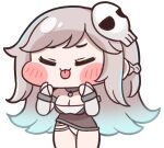  1girl braid breasts cleavage closed_eyes collar commentary_request cuffs dress gradient_hair grey_hair hair_ornament hands_on_own_face long_hair multicolored_hair panties shaydi_(trickcal) skull_hair_ornament suwa_yasai tongue tongue_out transparent_background trickcal underwear white_panties 