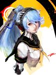  1girl android aqua_hair black_sailor_collar commentary_request floating_hair headgear high_ponytail highres joints labrys_(persona) lipstick long_hair makeup mechanical_arms neckerchief persona persona_4 persona_4:_the_ultimate_in_mayonaka_arena pink_lips ponytail rae_ariadne realistic red_eyes robot sailor_collar school_uniform solo summer_uniform yellow_neckerchief 
