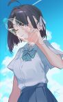  1girl ahoge awa_subaru blue_sky bottle bow bowtie cloud collared_shirt commentary_request cumulonimbus_cloud diagonal-striped_bow diagonal-striped_bowtie diagonal-striped_clothes girls_band_cry green_bow green_bowtie hair_ribbon highres kuji_(orca9ji) looking_at_viewer one_eye_closed purple_eyes ribbon school_uniform shirt shirt_tucked_in short_hair short_sleeves sky solo striped_bow striped_bowtie striped_clothes summer_uniform water_bottle white_ribbon 