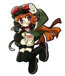  1girl animal arm_up behind-the-head_headphones black_cat black_shorts black_thighhighs blunt_bangs boots cat closed_mouth commentary full_body fur-trimmed_jacket fur_trim glasses goggles goggles_on_head green_jacket hat headphones highres holding holding_animal jacket knee_boots launch_q long_hair long_sleeves looking_at_viewer morgana_(cat)_(persona_5) morgana_(persona_5) orange_hair persona persona_5 purple_eyes sakura_futaba shirt short_shorts shorts simple_background smile thighhighs tuxedo_cat white_background white_shirt 