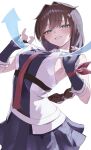  1girl absurdres ahoge arrow_(symbol) belt black_gloves black_skirt blue_eyes braid breasts brown_hair chest_harness clothes_lift commentary_request fingerless_gloves gloves hair_flaps harness highres kantai_collection l_meet lifting_own_clothes long_hair looking_at_viewer medium_breasts miniskirt necktie pleated_skirt red_necktie shigure_(kancolle) shigure_kai_san_(kancolle) shirt shirt_lift single_braid skirt sleeveless sleeveless_shirt smile solo two-tone_shirt white_belt 