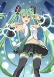  bonoramo detached_sleeves green_eyes green_hair groin hatsune_miku long_hair navel necktie open_mouth skirt solo thighhighs twintails very_long_hair vocaloid 