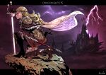  1girl 2026 anlucea aqua_eyes black_border blonde_hair boots border box_art brown_boots brown_capelet brown_gloves cape capelet castle commentary_request copyright_name dated derivative_work dragon_quest dragon_quest_iii dragon_quest_x dress floating_cape frills from_side gloves hair_slicked_back highres himiko_(326ontheweb) holding holding_sword holding_weapon lightning long_hair looking_ahead mole mole_under_mouth official_alternate_costume official_art_redraw on_one_knee planted planted_sword profile purple_sky rapier red_dress sheath signature sky solo sword thigh_boots weapon white_cape 