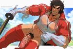  abs_peek absurdres bandaged_arm bandages bara biceps brown_eyes brown_hair clothes_lift collarbone covered_abs covered_nipples facial_hair frown girthy_penis goatee_stubble grin groin gym_teacher highres holding holding_sword holding_weapon jacket justice_gakuen large_penis lifting_own_clothes long_sideburns male_focus male_pubic_hair mouth_hold muscular muscular_arms muscular_male navel nekketsu_hayato open_clothes open_jacket pants patreon_username pectoral_cleavage pectorals penis penis_out pubic_hair red_jacket red_pants robokeh see-through_clothes see-through_shirt shinai shiny_skin shirt shirt_lift sideburns smile solo spiked_hair stalk_in_mouth stubble sword tank_top thick_eyebrows tight_clothes tight_pants tight_shirt tight_top track_jacket track_pants track_suit veins veiny_penis weapon wet wet_clothes wet_shirt whistle whistle_around_neck white_tank_top 