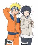  1boy 1girl :o black_hair black_pants blonde_hair blue_eyes blush brown_hoodie commentary_request facial_mark flying_sweatdrops forehead_protector hand_in_pocket heart hetero highres hood hood_down hoodie hyuuga_hinata jacket konohagakure_symbol korean_commentary long_sleeves looking_at_another looking_to_the_side naruto_(classic) naruto_(series) open_mouth orange_jacket orange_pants pants protected_link purple_eyes secret9050 short_hair spiked_hair uzumaki_naruto whisker_markings white_background 